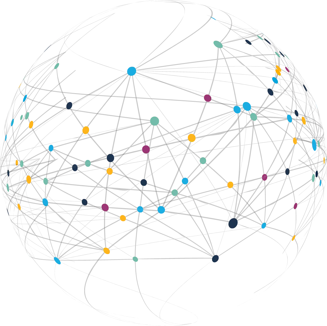 Sphere of colorful dots connected by arching lines