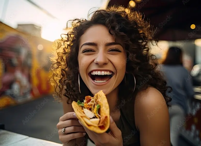 Smiling woman holding a taco