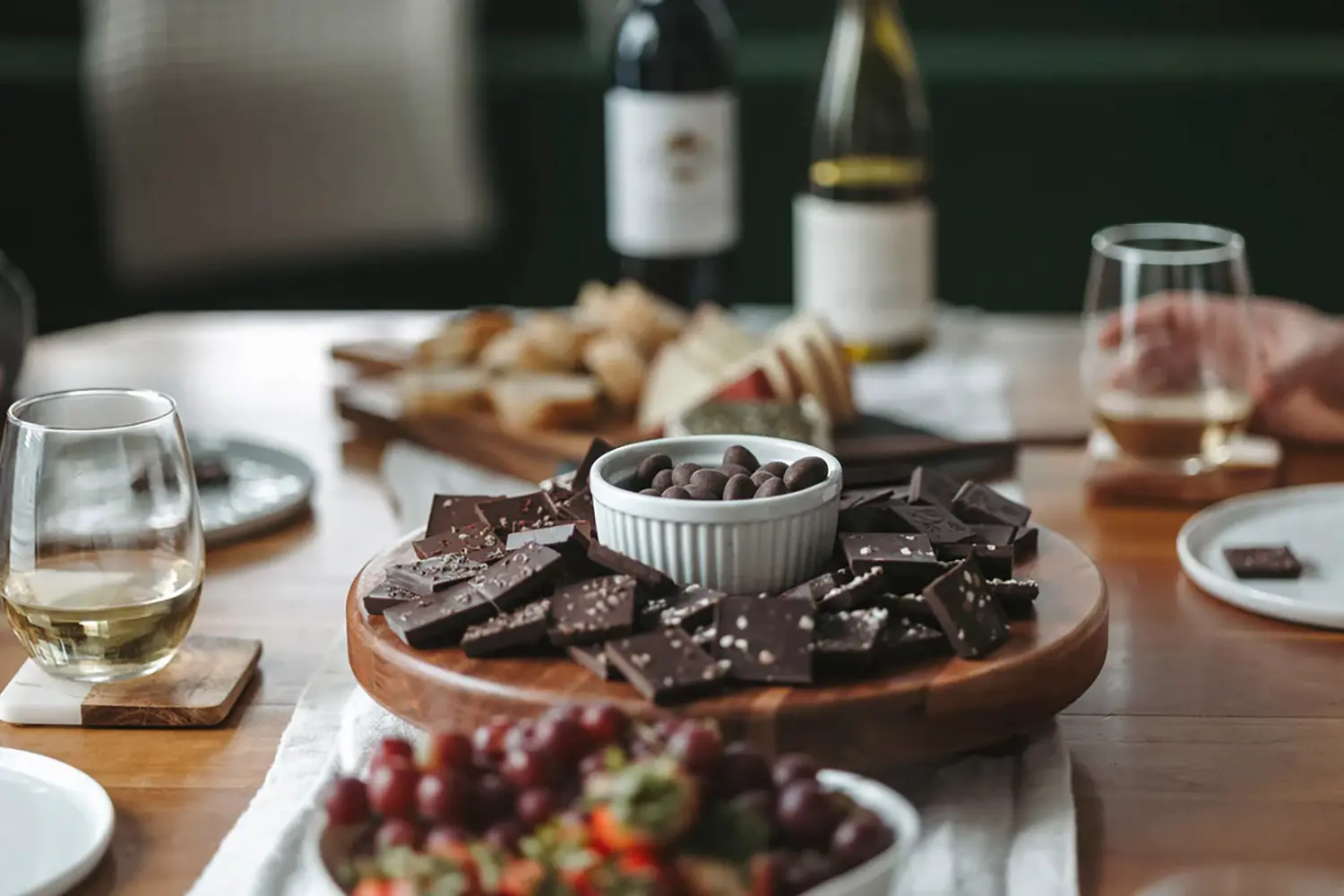 Table of chocolate, wine, an cheese