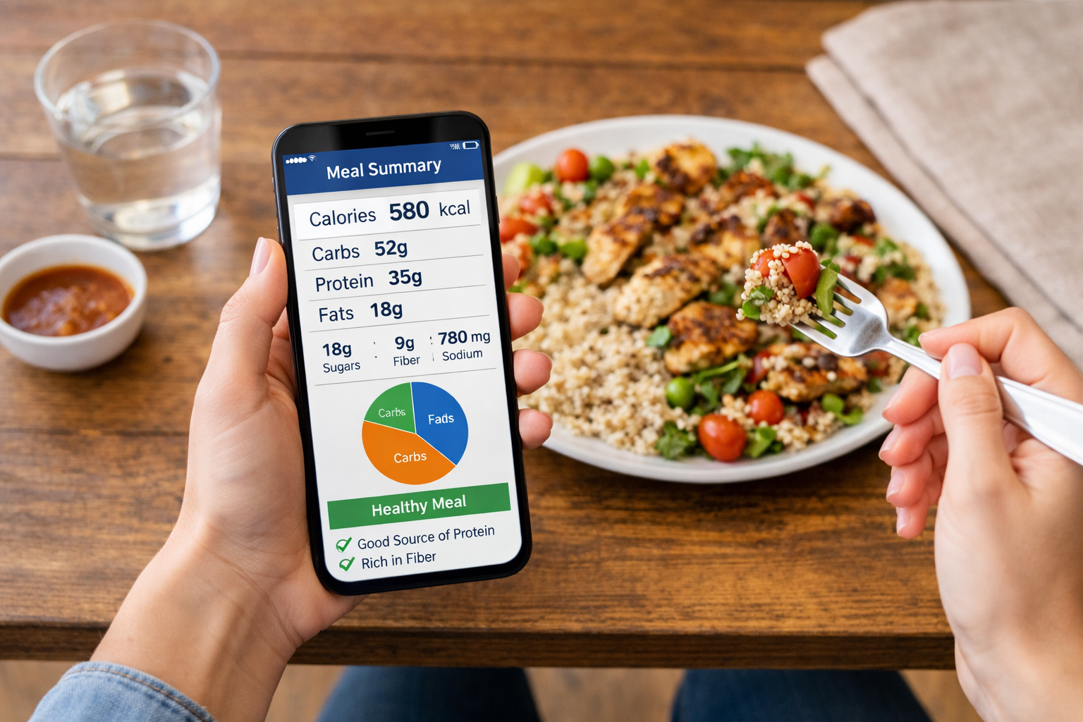 Person eating food looking at an app with a breakdown of the protein, vitamin, and carbohydrates in the meal.