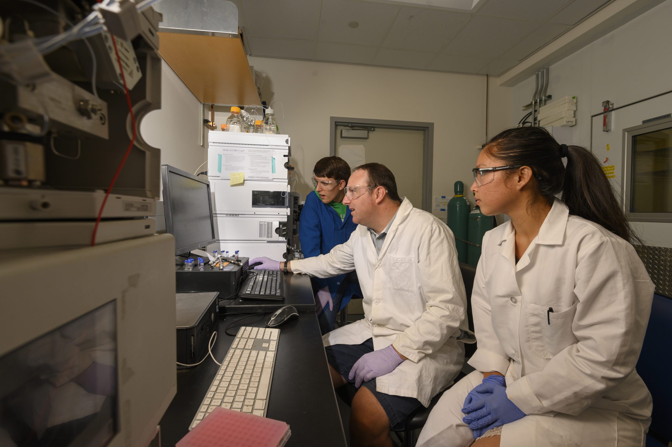 Professor Justin Siegel, Peishan Huang, a chemistry major, and Ryan Caster, a master student and lab manager, are working on the new Food Valley, which is a Big Idea, on August 27, 2019. Food Valley will forge the innovation ecosystem to develop disruptive technologies that will transform our food production and delivery systems to ensure a sustainable, equitable and healthful future.